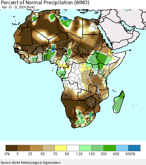 Africa Percent of Normal Precipitation (WMO) Thematic Map For 4/15/2024 - 4/21/2024