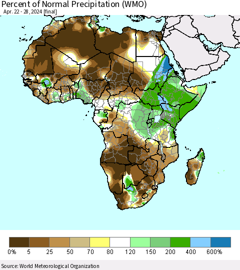 Africa Percent of Normal Precipitation (WMO) Thematic Map For 4/22/2024 - 4/28/2024