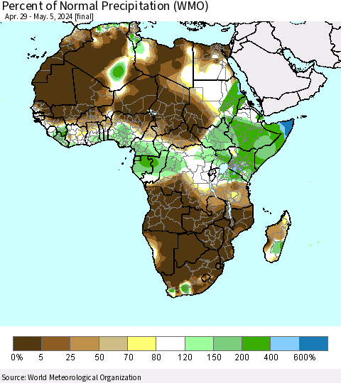 Africa Percent of Normal Precipitation (WMO) Thematic Map For 4/29/2024 - 5/5/2024