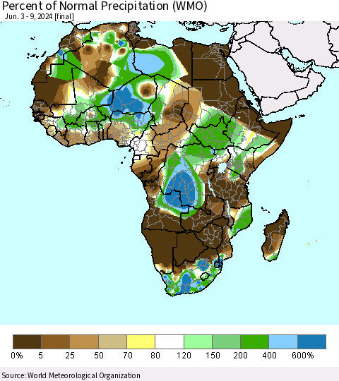 Africa Percent of Normal Precipitation (WMO) Thematic Map For 6/3/2024 - 6/9/2024