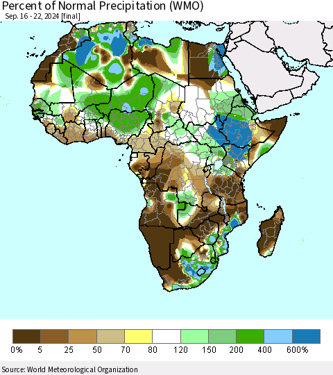 Africa Percent of Normal Precipitation (WMO) Thematic Map For 9/16/2024 - 9/22/2024