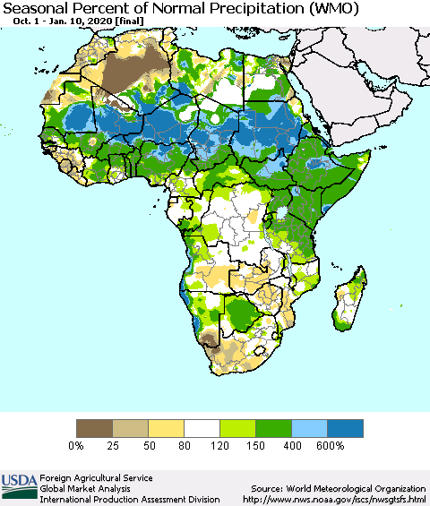 Africa Seasonal Percent of Normal Precipitation (WMO) Thematic Map For 10/1/2019 - 1/10/2020