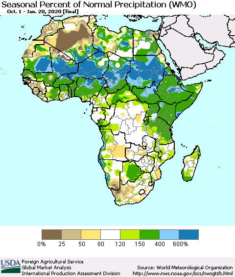 Africa Seasonal Percent of Normal Precipitation (WMO) Thematic Map For 10/1/2019 - 1/20/2020