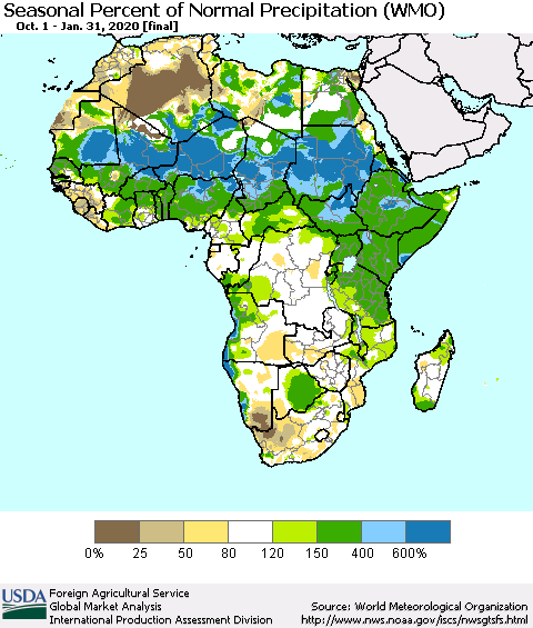 Africa Seasonal Percent of Normal Precipitation (WMO) Thematic Map For 10/1/2019 - 1/31/2020