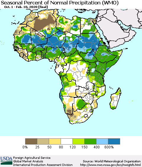 Africa Seasonal Percent of Normal Precipitation (WMO) Thematic Map For 10/1/2019 - 2/10/2020