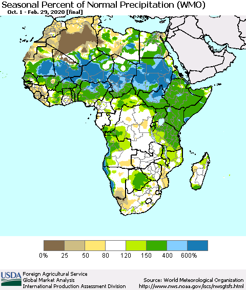 Africa Seasonal Percent of Normal Precipitation (WMO) Thematic Map For 10/1/2019 - 2/29/2020