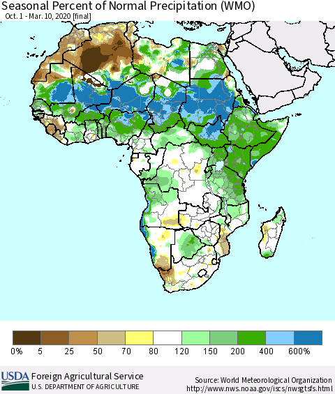 Africa Seasonal Percent of Normal Precipitation (WMO) Thematic Map For 10/1/2019 - 3/10/2020