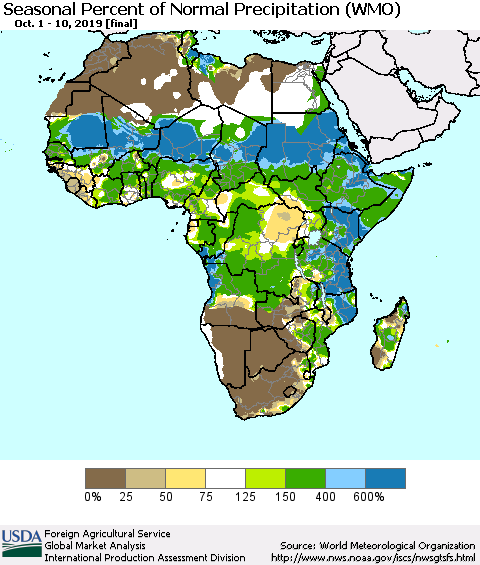 Africa Seasonal Percent of Normal Precipitation (WMO) Thematic Map For 10/1/2019 - 10/10/2019