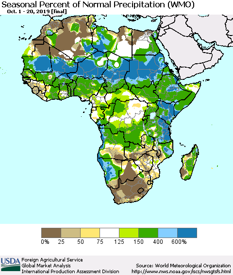 Africa Seasonal Percent of Normal Precipitation (WMO) Thematic Map For 10/1/2019 - 10/20/2019