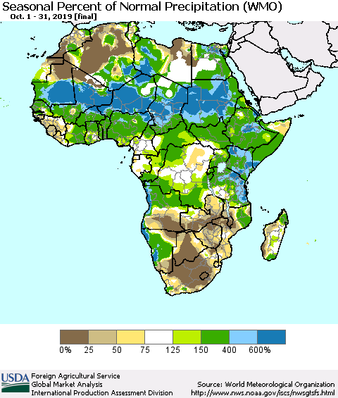 Africa Seasonal Percent of Normal Precipitation (WMO) Thematic Map For 10/1/2019 - 10/31/2019