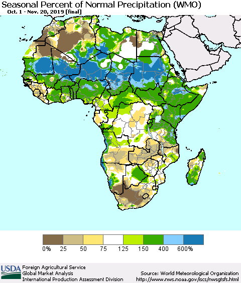 Africa Seasonal Percent of Normal Precipitation (WMO) Thematic Map For 10/1/2019 - 11/20/2019