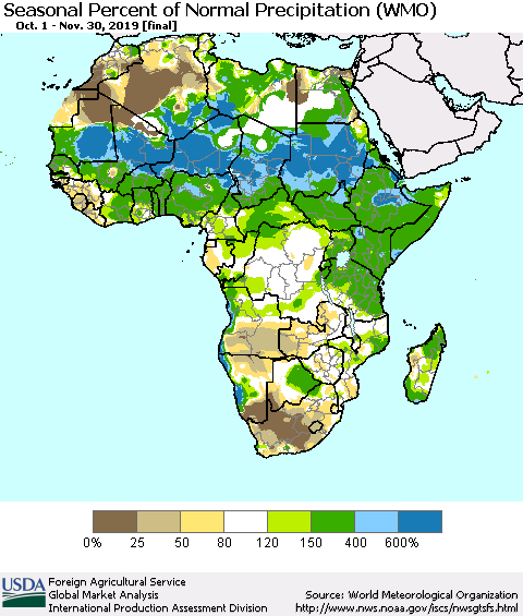 Africa Seasonal Percent of Normal Precipitation (WMO) Thematic Map For 10/1/2019 - 11/30/2019
