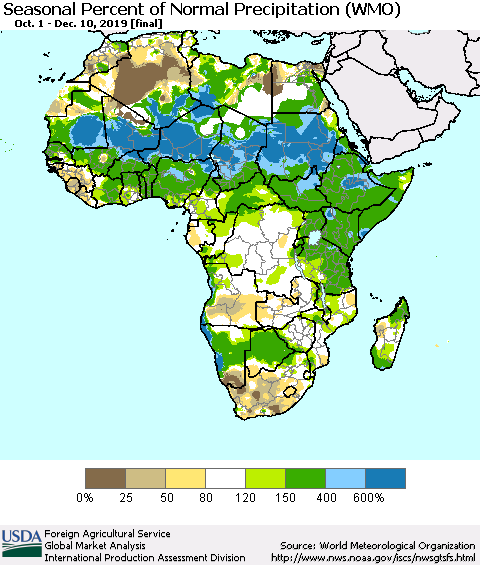 Africa Seasonal Percent of Normal Precipitation (WMO) Thematic Map For 10/1/2019 - 12/10/2019