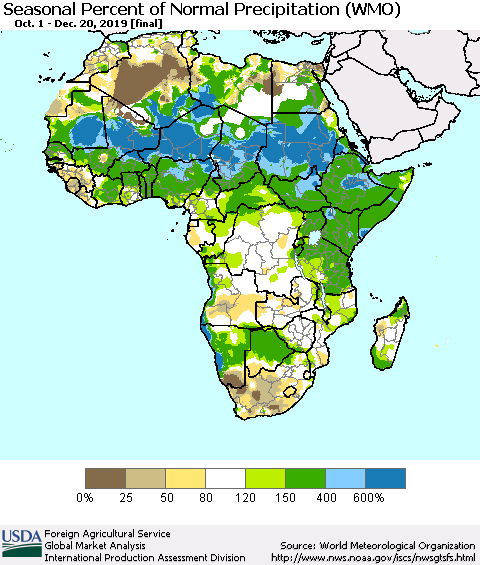 Africa Seasonal Percent of Normal Precipitation (WMO) Thematic Map For 10/1/2019 - 12/20/2019