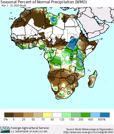 Africa Seasonal Percent of Normal Precipitation (WMO) Thematic Map For 3/1/2020 - 3/10/2020