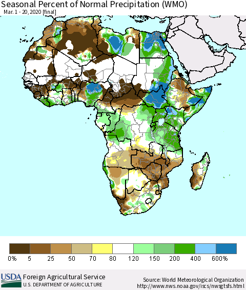 Africa Seasonal Percent of Normal Precipitation (WMO) Thematic Map For 3/1/2020 - 3/20/2020