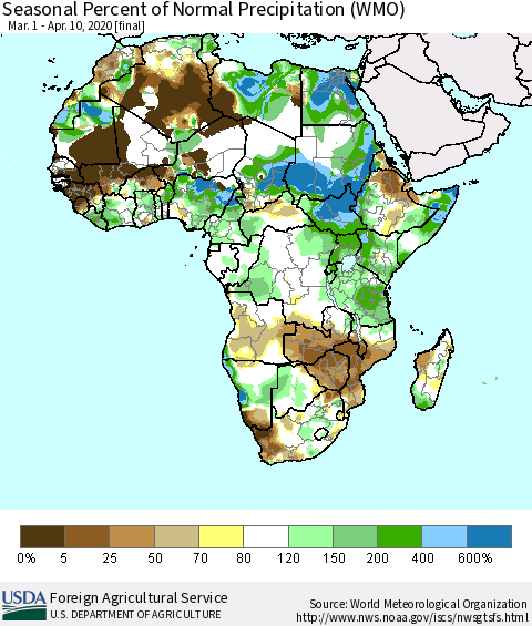 Africa Seasonal Percent of Normal Precipitation (WMO) Thematic Map For 3/1/2020 - 4/10/2020