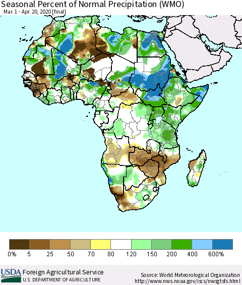 Africa Seasonal Percent of Normal Precipitation (WMO) Thematic Map For 3/1/2020 - 4/20/2020