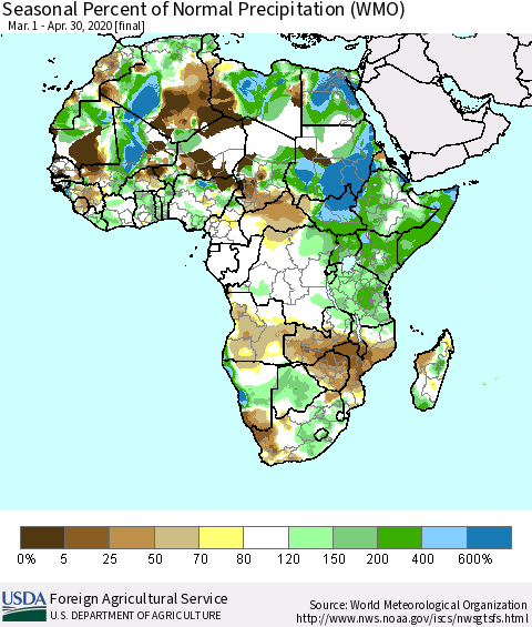 Africa Seasonal Percent of Normal Precipitation (WMO) Thematic Map For 3/1/2020 - 4/30/2020