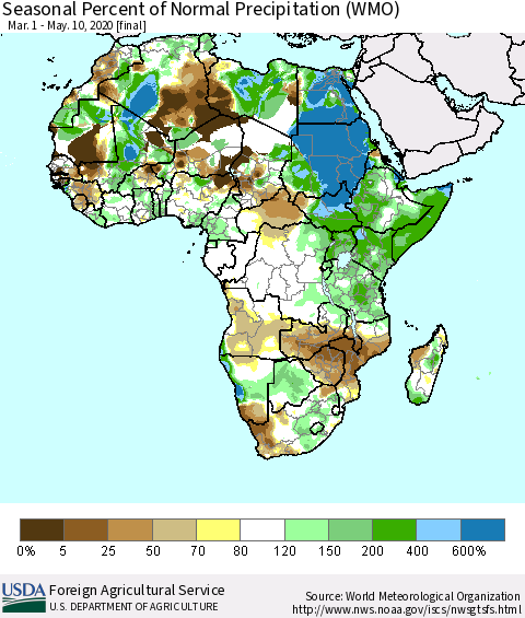 Africa Seasonal Percent of Normal Precipitation (WMO) Thematic Map For 3/1/2020 - 5/10/2020