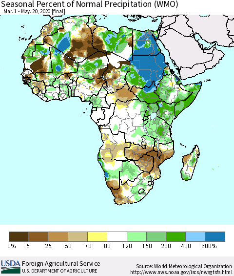 Africa Seasonal Percent of Normal Precipitation (WMO) Thematic Map For 3/1/2020 - 5/20/2020
