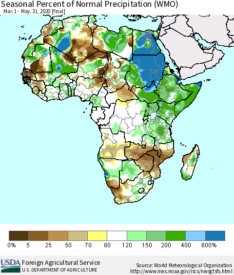 Africa Seasonal Percent of Normal Precipitation (WMO) Thematic Map For 3/1/2020 - 5/31/2020