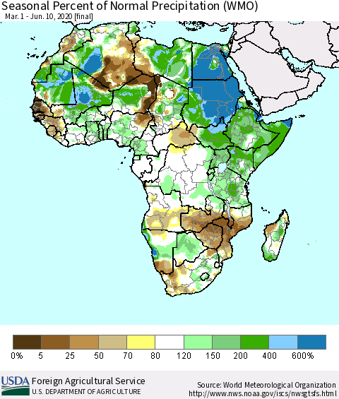 Africa Seasonal Percent of Normal Precipitation (WMO) Thematic Map For 3/1/2020 - 6/10/2020