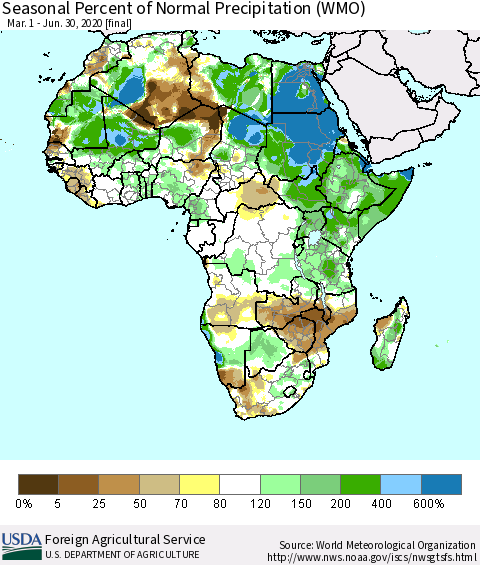 Africa Seasonal Percent of Normal Precipitation (WMO) Thematic Map For 3/1/2020 - 6/30/2020