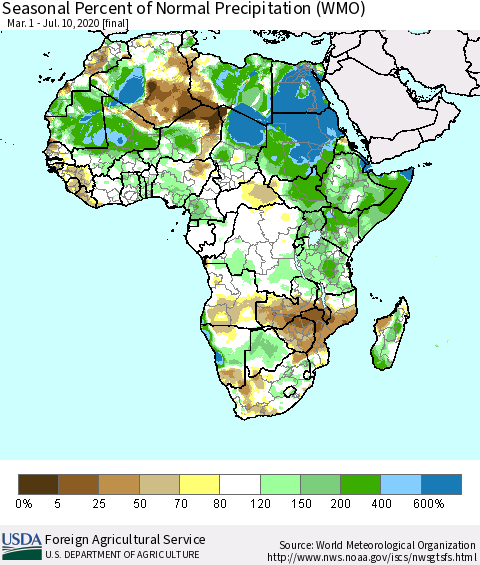 Africa Seasonal Percent of Normal Precipitation (WMO) Thematic Map For 3/1/2020 - 7/10/2020
