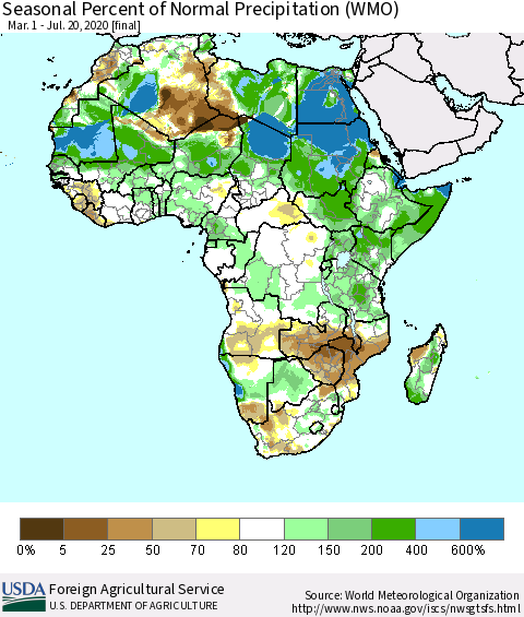 Africa Seasonal Percent of Normal Precipitation (WMO) Thematic Map For 3/1/2020 - 7/20/2020
