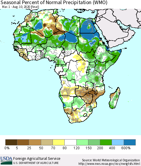 Africa Seasonal Percent of Normal Precipitation (WMO) Thematic Map For 3/1/2020 - 8/10/2020