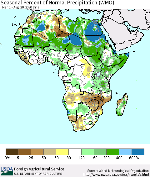 Africa Seasonal Percent of Normal Precipitation (WMO) Thematic Map For 3/1/2020 - 8/20/2020