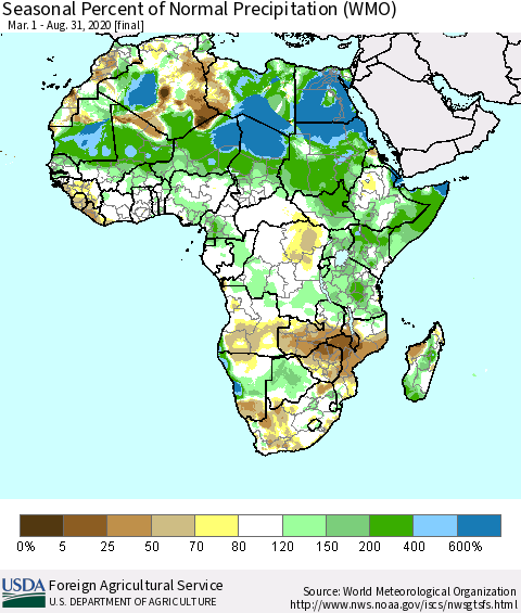 Africa Seasonal Percent of Normal Precipitation (WMO) Thematic Map For 3/1/2020 - 8/31/2020