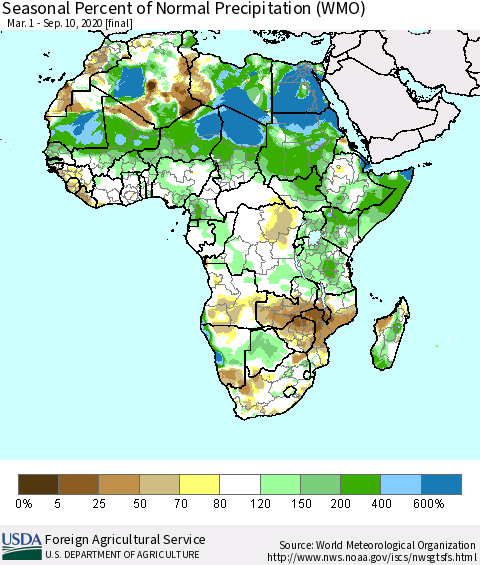 Africa Seasonal Percent of Normal Precipitation (WMO) Thematic Map For 3/1/2020 - 9/10/2020