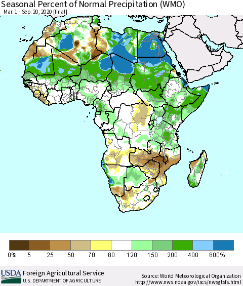 Africa Seasonal Percent of Normal Precipitation (WMO) Thematic Map For 3/1/2020 - 9/20/2020