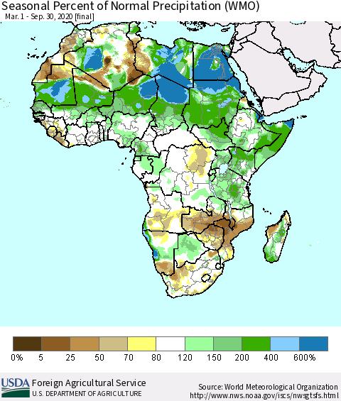 Africa Seasonal Percent of Normal Precipitation (WMO) Thematic Map For 3/1/2020 - 9/30/2020