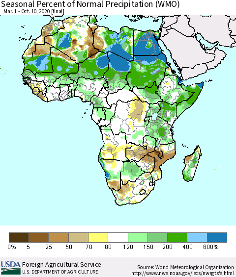 Africa Seasonal Percent of Normal Precipitation (WMO) Thematic Map For 3/1/2020 - 10/10/2020