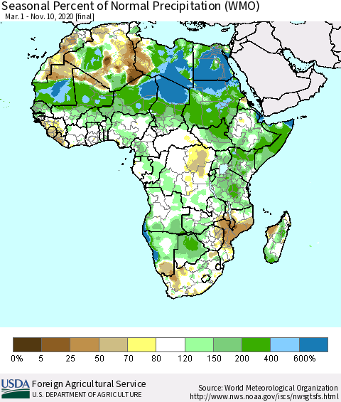 Africa Seasonal Percent of Normal Precipitation (WMO) Thematic Map For 3/1/2020 - 11/10/2020
