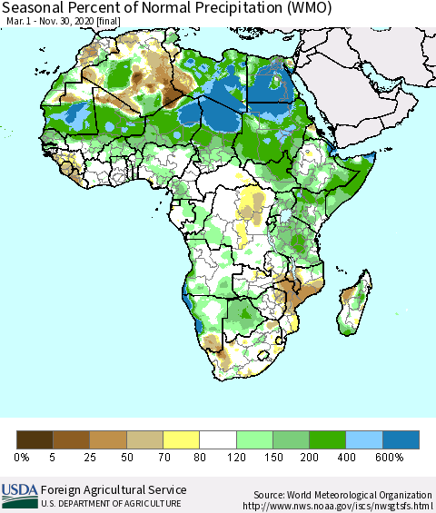Africa Seasonal Percent of Normal Precipitation (WMO) Thematic Map For 3/1/2020 - 11/30/2020