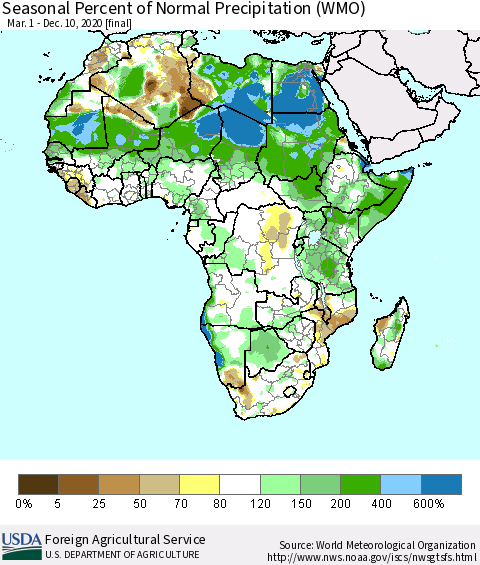 Africa Seasonal Percent of Normal Precipitation (WMO) Thematic Map For 3/1/2020 - 12/10/2020