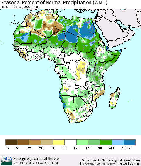 Africa Seasonal Percent of Normal Precipitation (WMO) Thematic Map For 3/1/2020 - 12/31/2020