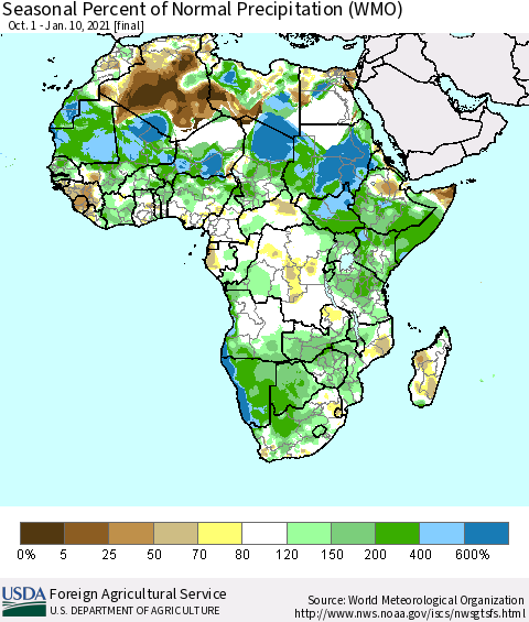 Africa Seasonal Percent of Normal Precipitation (WMO) Thematic Map For 10/1/2020 - 1/10/2021