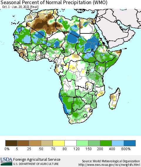 Africa Seasonal Percent of Normal Precipitation (WMO) Thematic Map For 10/1/2020 - 1/20/2021
