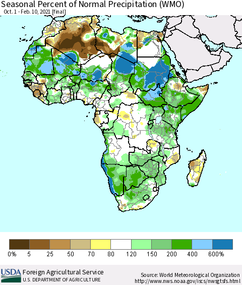 Africa Seasonal Percent of Normal Precipitation (WMO) Thematic Map For 10/1/2020 - 2/10/2021