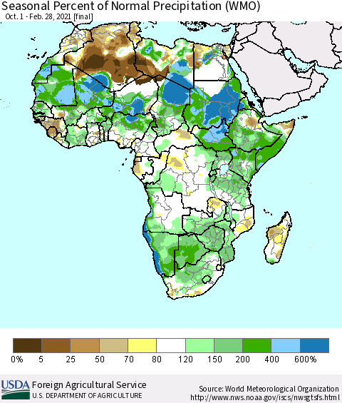 Africa Seasonal Percent of Normal Precipitation (WMO) Thematic Map For 10/1/2020 - 2/28/2021