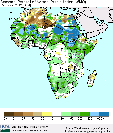 Africa Seasonal Percent of Normal Precipitation (WMO) Thematic Map For 10/1/2020 - 3/20/2021