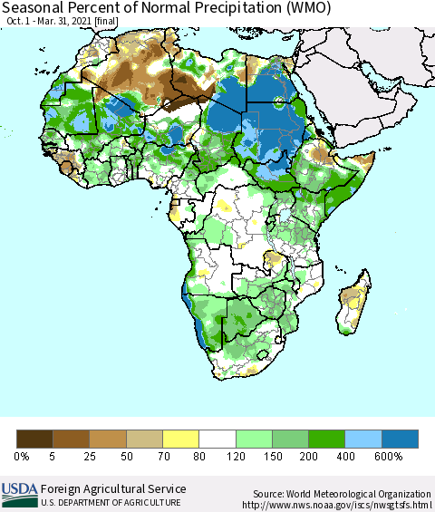 Africa Seasonal Percent of Normal Precipitation (WMO) Thematic Map For 10/1/2020 - 3/31/2021