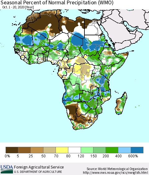 Africa Seasonal Percent of Normal Precipitation (WMO) Thematic Map For 10/1/2020 - 10/20/2020
