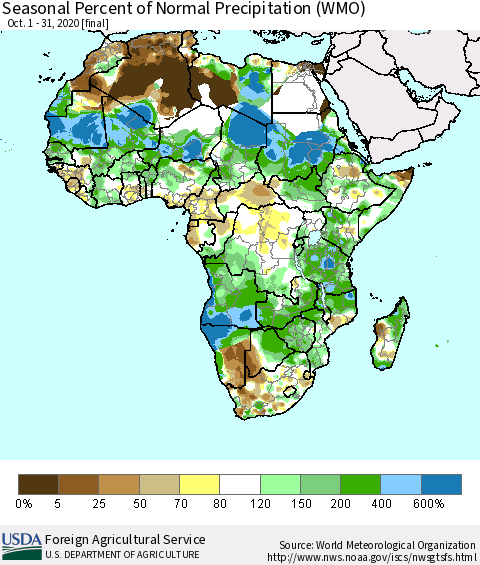 Africa Seasonal Percent of Normal Precipitation (WMO) Thematic Map For 10/1/2020 - 10/31/2020