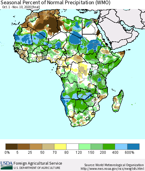 Africa Seasonal Percent of Normal Precipitation (WMO) Thematic Map For 10/1/2020 - 11/10/2020